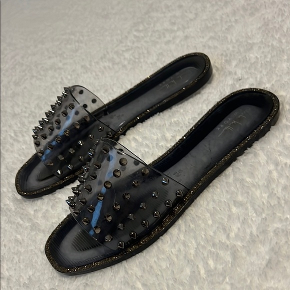 NICOLE MILLER NY Black Studded Slide Jelly Sandals with rhinestone trim. Size 9 - Picture 3 of 6